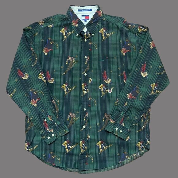 Tommy Hilfiger Vintage Y2K AOP Ski Hunter Green Button Front Shirt Men's XL - Picture 1 of 9